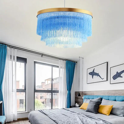 Decorbites art deco tiered chandelier featuring blue cotton thread tiers with a gold rim and black gold finishing