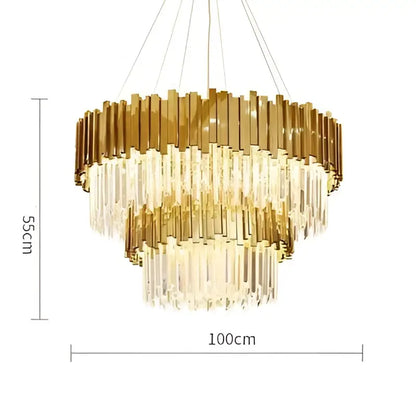 Golden decorbites art deco chandelier with tiered brass frames and cascading clear crystal prisms LED lighting