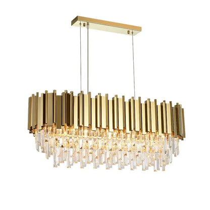 Gold-toned decorbites art deco crystal chandelier with vertical metallic bars and cascading clear deco crystal led prisms