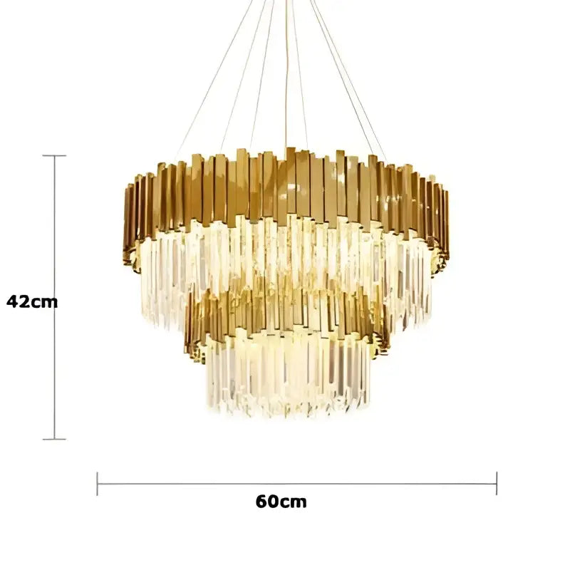Decorbites art deco crystal led chandelier featuring a gold-toned tiered circular design with cascading crystal rods