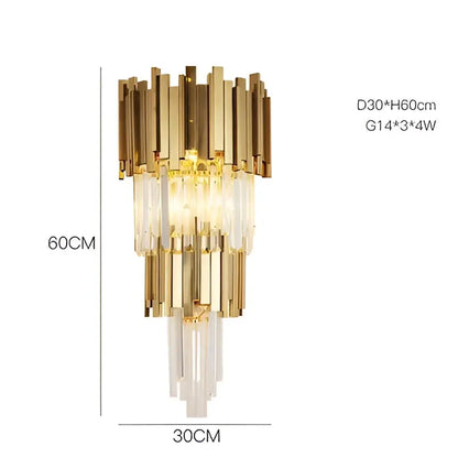 Gold-toned decorbites art deco crystal led chandelier with cascading rods in a modern four-tier designer lighting style