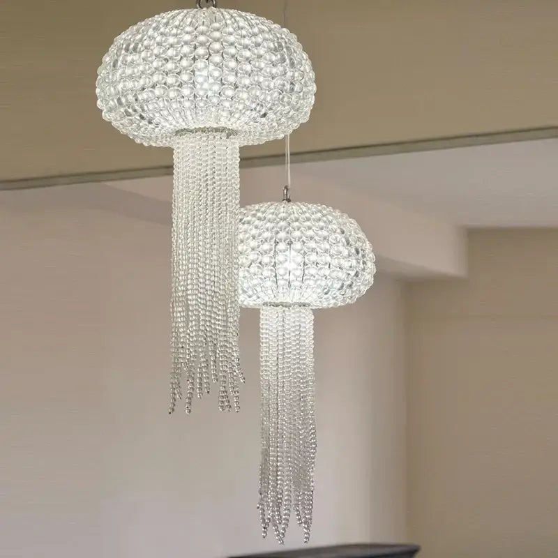 Two elegant clear crystal jellyfish-shaped decorbites art deco dimmable chandeliers for foyer and dining room lighting