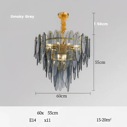 Decorbites art deco glass iron led chandelier with golden frame and smoky grey glass leaves for dining room lighting