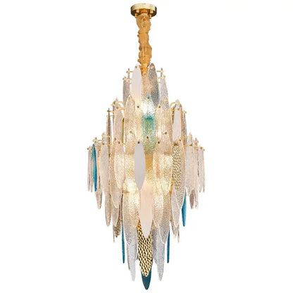 Decorbites art deco glass iron led chandelier with gold accents and cascading translucent white frost blue amber leaves