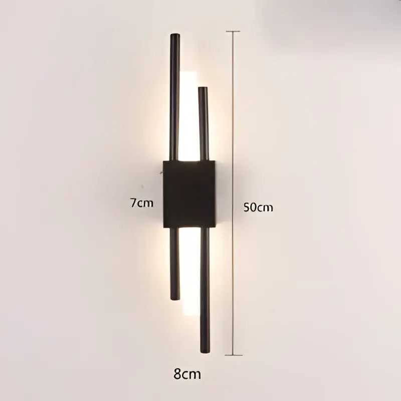 Black minimalist wall sconce with two vertical rods and central square base for decorbites art deco marble accent lighting