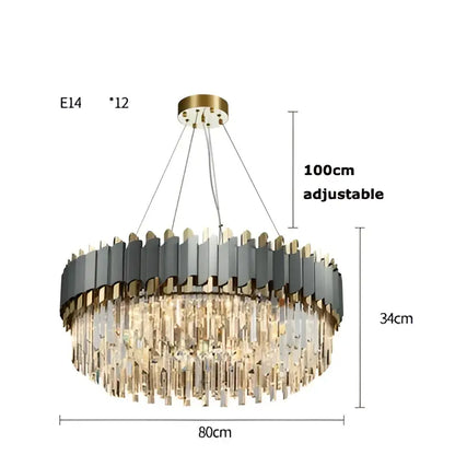 A modern decorbites art deco pendant light with gold-toned mount dark gray rings and golden crystal prisms for dining room