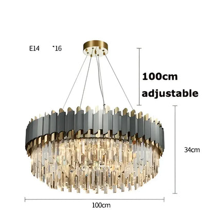 A modern decorbites art deco pendant light with circular golden black rings and clear crystal prisms for dining room