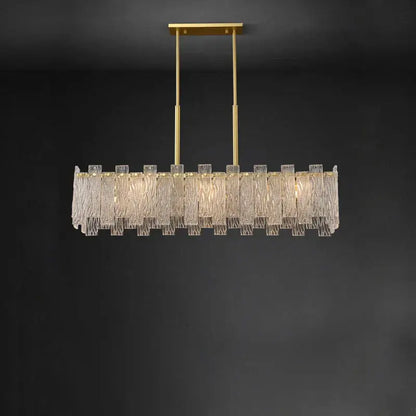 Decorbites art deco golden copper glass chandelier with gold-toned rectangular frame and textured clear glass panels
