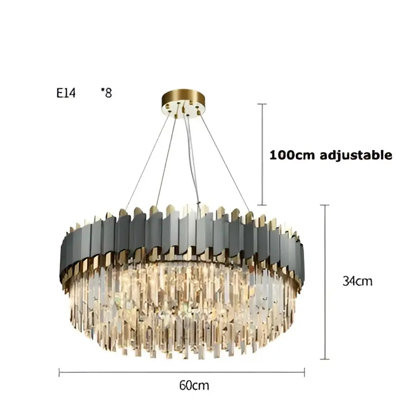A decorbites art deco golden crystal chandelier with circular dark gray and gold bands and clear crystal prisms