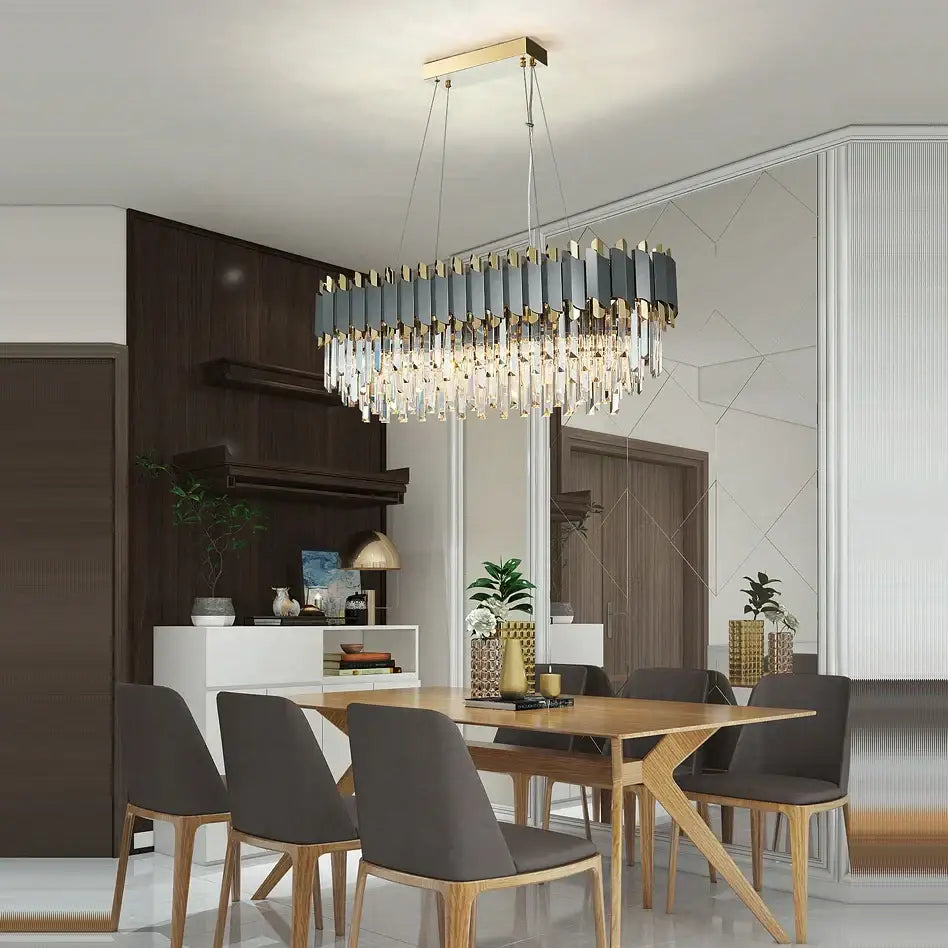 Modern decorbites art deco rectangular chandelier with metallic gold frame gray-blue glass panels and hanging crystal droplets