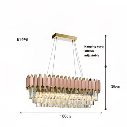 Decorbites art deco two-tiered chandelier with rose-gold metallic rods and clear crystal prisms in gold finish