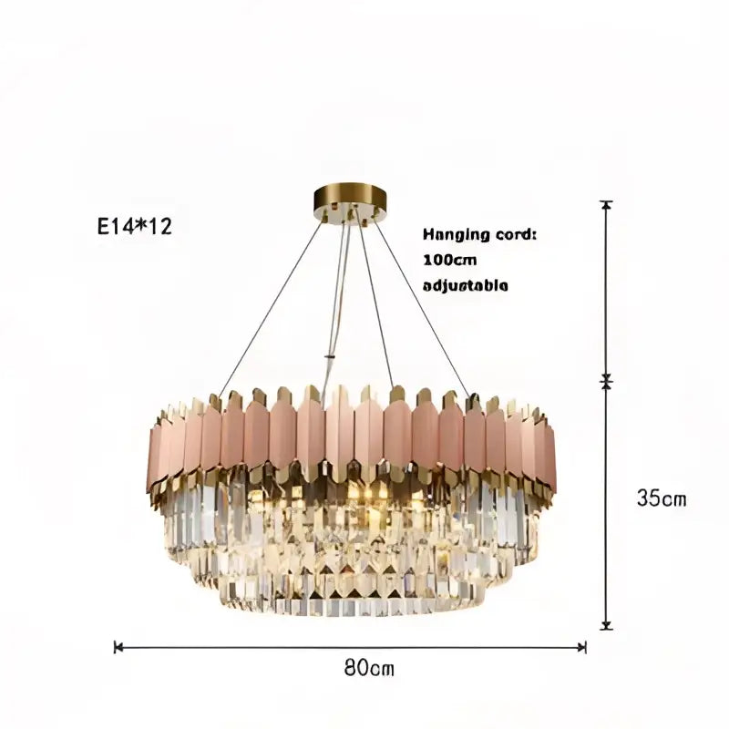 A modern two-tiered decorbites art deco chandelier with rose gold and clear crystal elements for elegant lighting