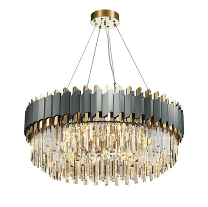 Decorbites art deco gray and gold crystal chandelier with sleek black and gold frame and cascading clear prisms