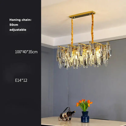 Gold-toned rectangular decorbites art deco led chandelier with cascading clear and frosted crystal droplets for foyer lighting