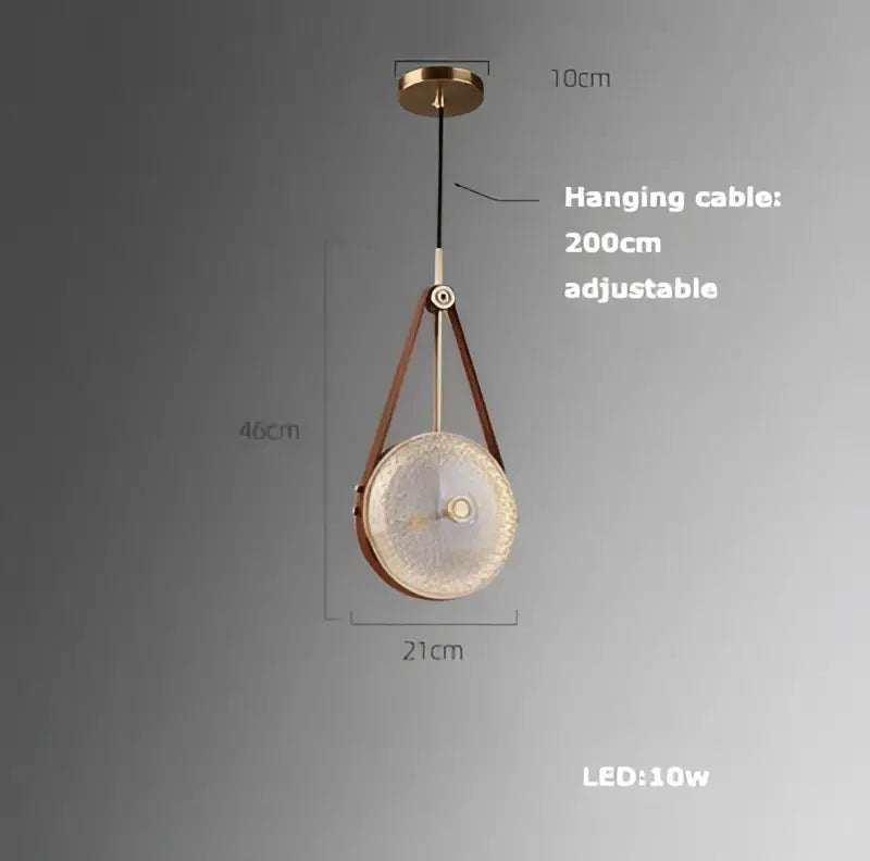 Decorbites art deco led pendant light with circular textured glass shade, brown leather straps, and brass frame