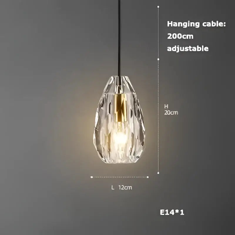 Crystal pendant light with a faceted teardrop glass shade and gold-toned bulb by DecorBites Art Deco LED vintage style