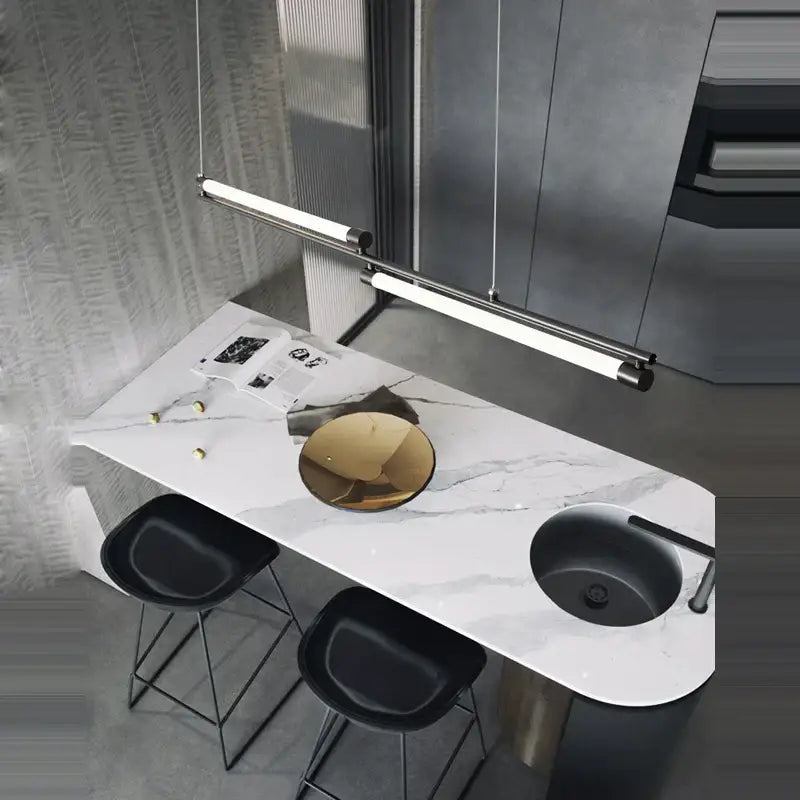 Modern minimalist bar counter with white marble top black sink gold bowl centerpiece under decorbites art deco led gold chandelier