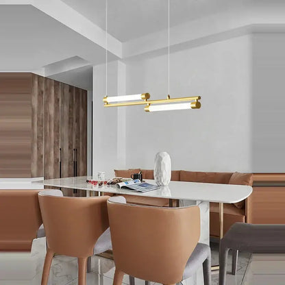 Modern gold-toned decorbites art deco led chandelier featuring two horizontal led bars for dining room lighting