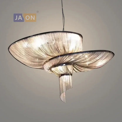 Modern two-tiered decorbites art deco LED chandelier with translucent textured glass and sleek black aluminum frame suspension