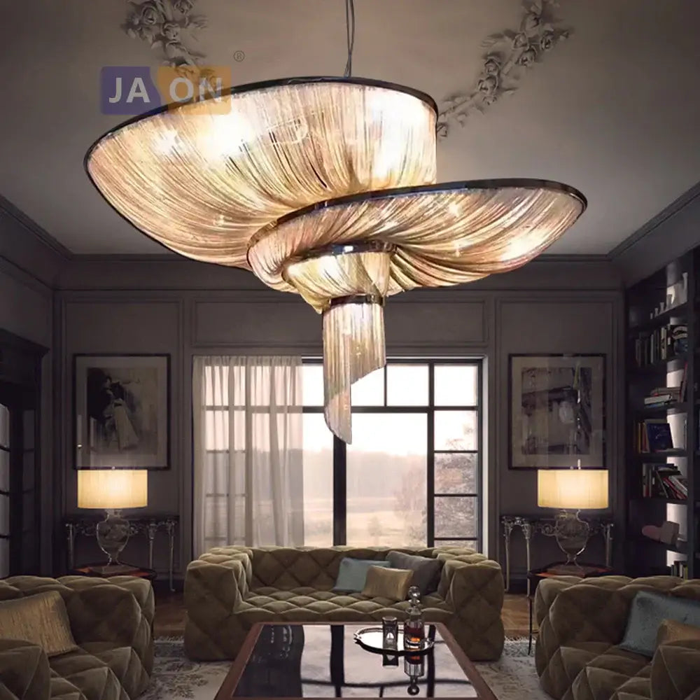 Luxurious two-tiered decorbites art deco chandelier with cascading golden glass strands and black aluminum frame lighting suspension