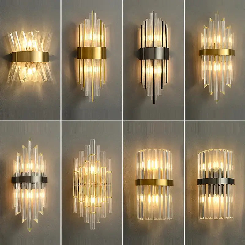 Modern decorbites art deco led wall sconce with crystal rods and gold metallic bands for bedroom corridor lighting