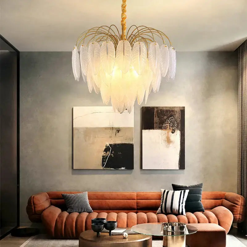 Elegant decorbites art deco white feather chandelier with gold-toned frame and deco white glass for bedroom lighting