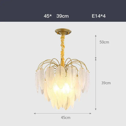 Gold-toned decorbites art deco chandelier with deco white glass feather shades in cascading design for bedroom