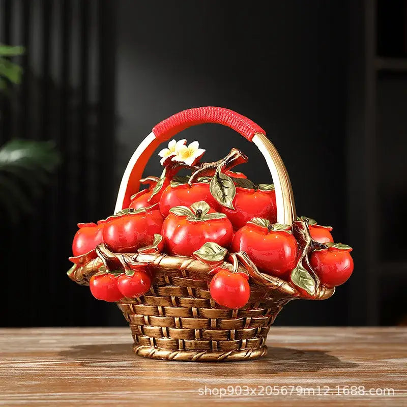 DecorBites artificial fruit tree apple basket ornament with golden woven basket red handle and glossy artificial fruit