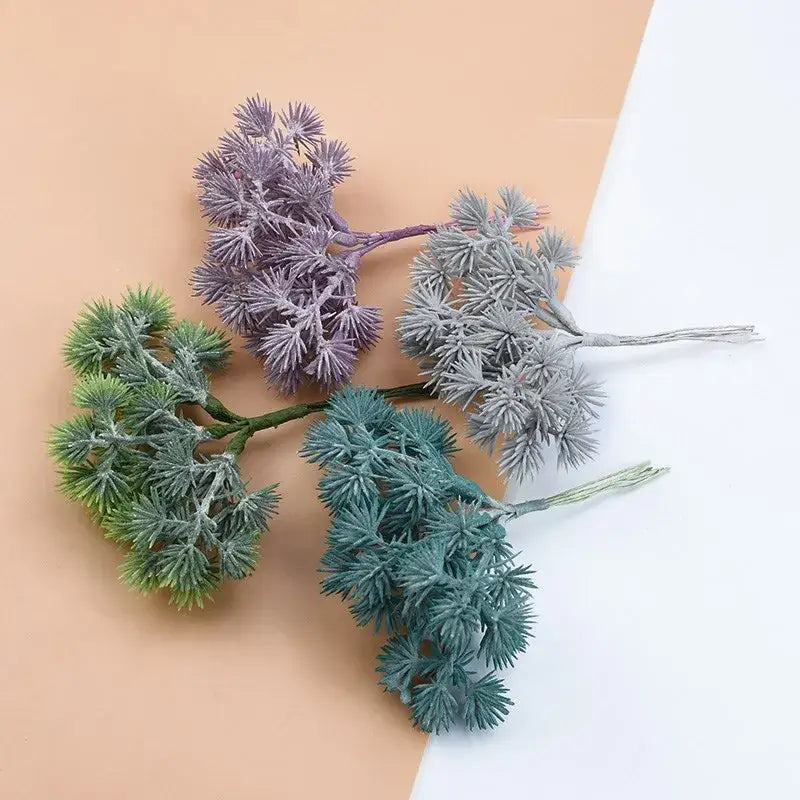 Artificial gypsophila plants with textured needle-like foliage in muted green gray and purple for home decor and diy gifts