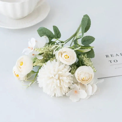 Delicate decorbites artificial hydrangea tea rose bouquet with white petals and yellow centers for home decor and weddings