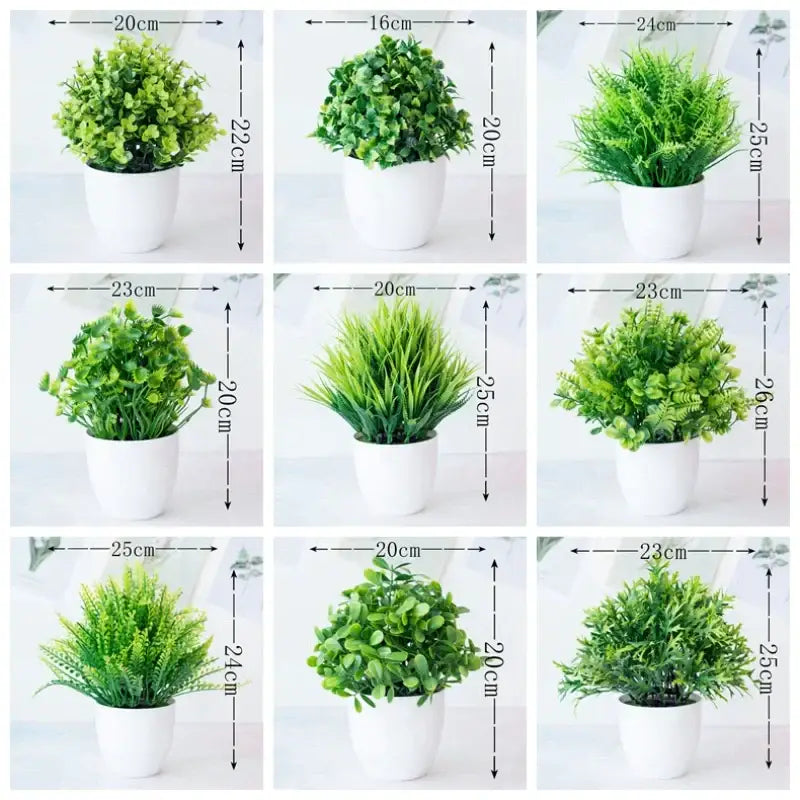 Set of nine decorbites artificial mini green plants in white ceramic pots with varying leaf textures and heights