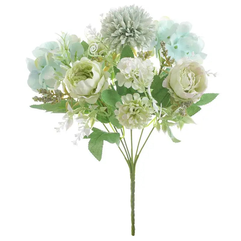 Decorbites artificial peony flower bouquet with soft pastel green and blue blooms for wedding party and home decoration