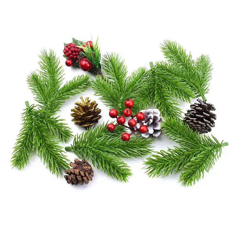 Decorbites artificial pine needle plants with green branches red berries and assorted brown gold silver pinecones for christmas decor