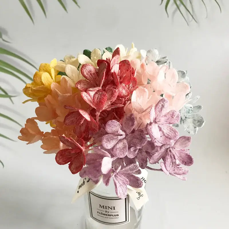 A vibrant bouquet of glittery artificial hydrangeas in yellow pink red and lavender from DecorBites artificial plants collection