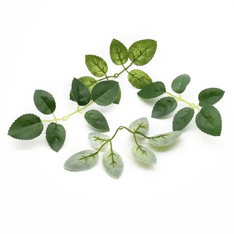 Green and silver artificial leaf garland with detailed veins on plastic stems for decorbites artificial roses wreath silk flowers decor