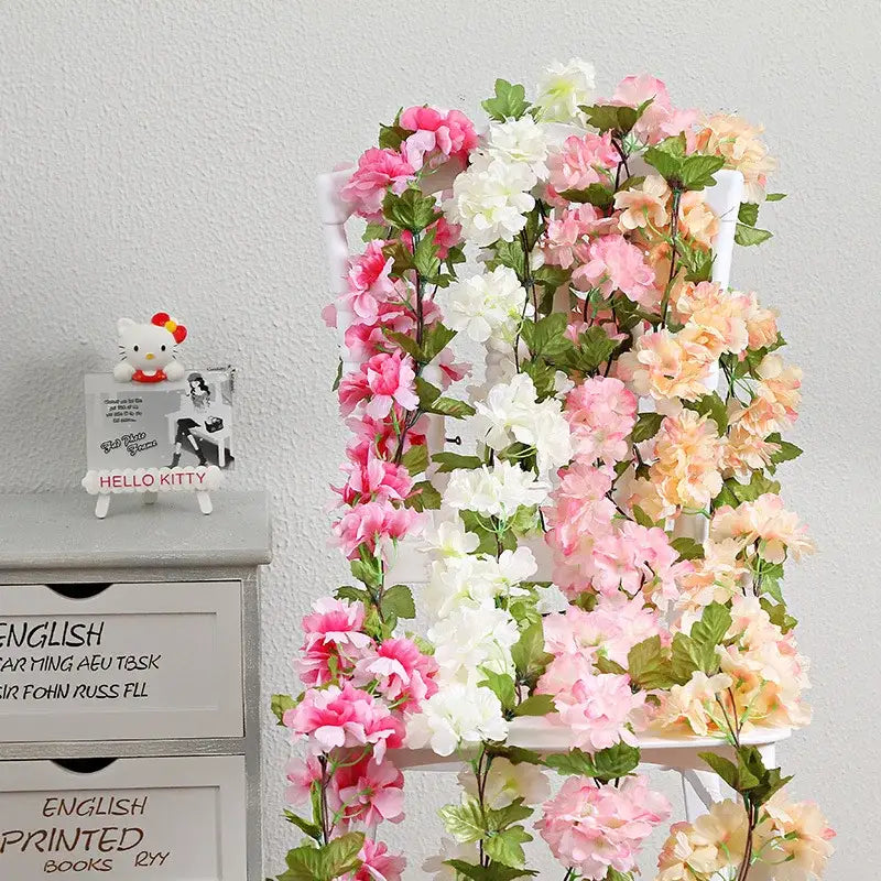 Decorbites artificial sakura flowers vine with pink white and peach blossoms and green leaves for wedding decor