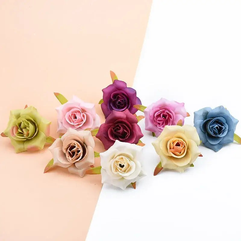 A decorbites artificial silk roses head set featuring pastel and vibrant satin silk roses with delicate green stems for decor