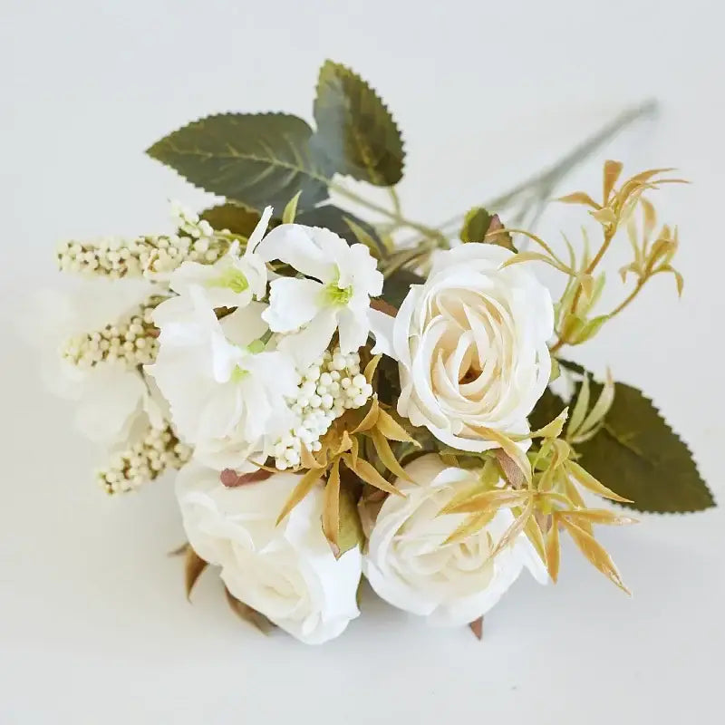 Elegant white decorbites artificial western rose bouquet with delicate petals green gold-toned leaves for wedding decor