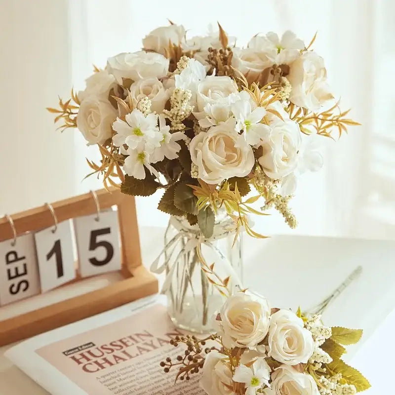 Decorbites artificial western rose bouquet with cream and white roses and gold foliage in glass vase for wedding decor