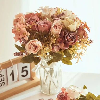 DecorBites artificial western rose bouquet in soft pink mauve and cream hues with green leaves for wedding decor