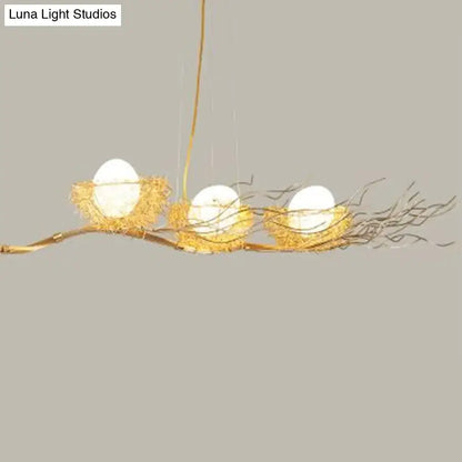 DecorBites™ art deco 3-light beige nest and egg island pendant with gold-toned wire nests and cream glass shade 220v-240v