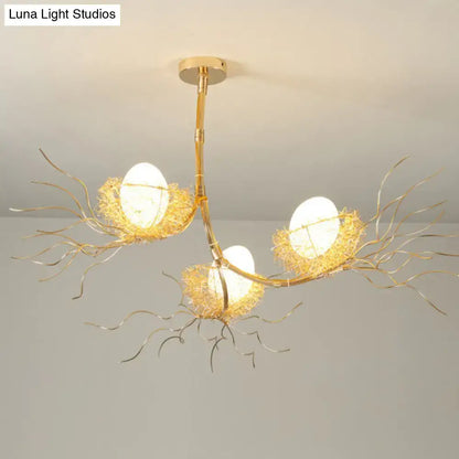 Gold-toned DecorBites™ 3-light island pendant with cream glass shades and branch bird design in art deco style 220v-240v