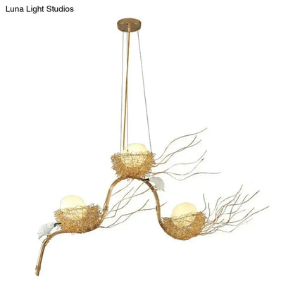 DecorBites™ artistic beige 3-light nest island pendant with woven twig nests, branch bird accents, cream glass shades 220v-240v
