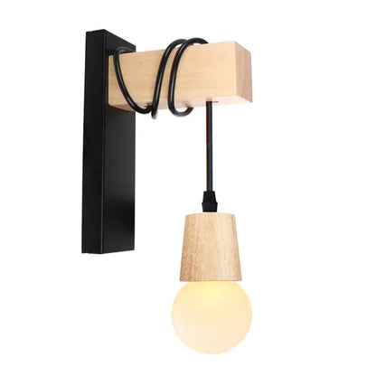 Minimalist DecorBites artistic metal wall lamp with black iron bracket, wood block, and cone shade with illuminated bulb
