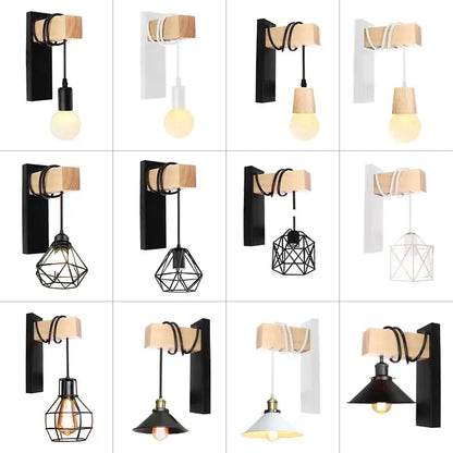 Modern wooden wall lamp with black metal accents and hanging bulb in geometric shades by DecorBites artistic metal iron