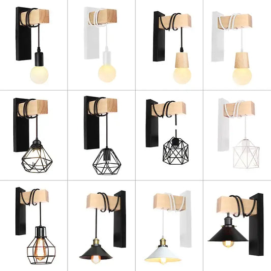 Modern wooden wall lamp with black metal accents and hanging bulb in geometric shades by DecorBites artistic metal iron