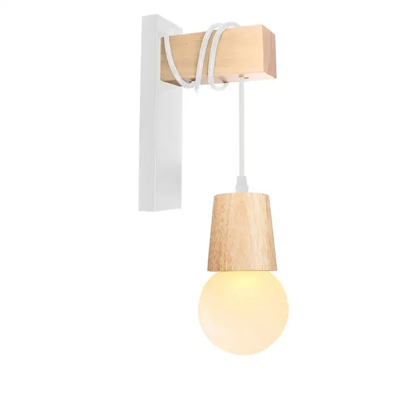 Minimalist wall lamp with a white metal bracket, light wood accents, and exposed bulb from decorbites artistic metal iron collection
