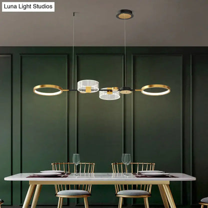 DecorBites™ artistic metal LED ceiling light fixture with gold ring island design and clear glass elements for dining room