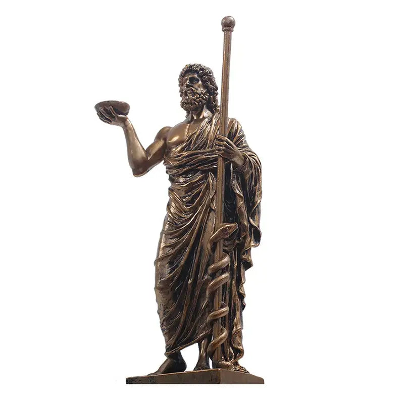 Bronze-colored resin asclepius mini statue featuring the greek god of medicine in draped robes holding a staff and bowl