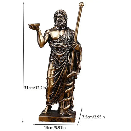 Bronze-colored resin asclepius mini statue with beard and serpent staff for home office decor by DecorBites